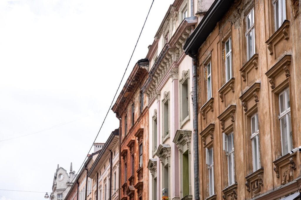 facades old houses row against sky