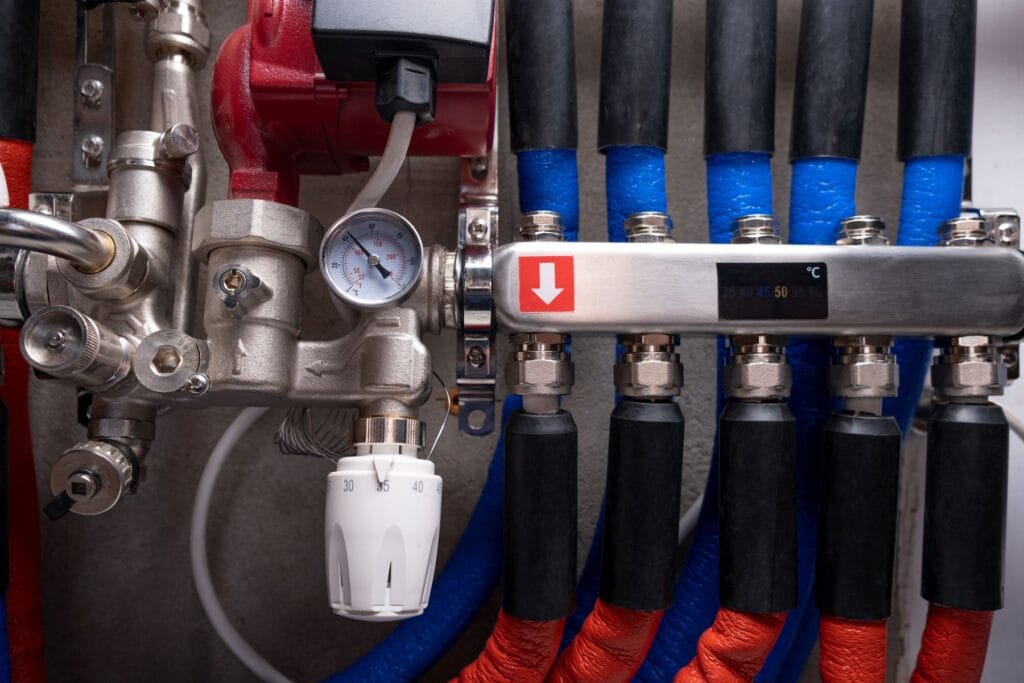 Heating manifold that represents how communal heat networks supply flats under Ofgem rules